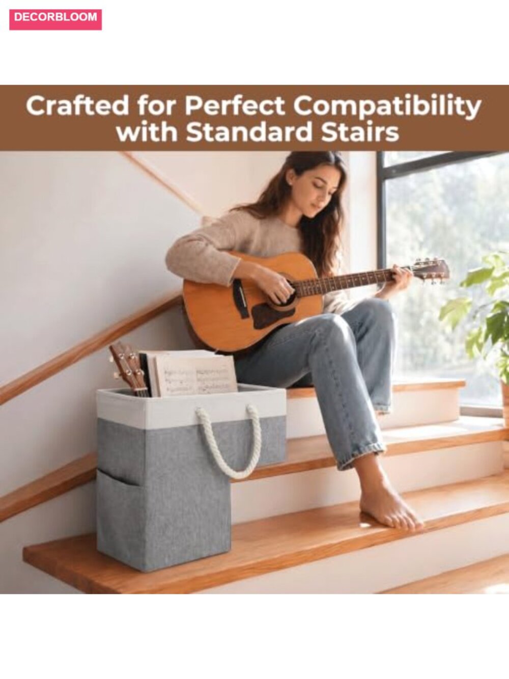 Stair Basket with Lid & Handle, Non-Slip Storage Organizer for Stairs, Cotton & - Picture 2 of 6